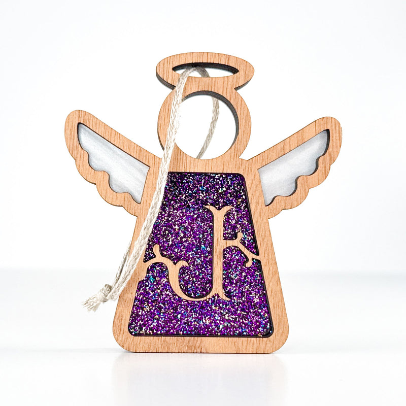 Front view of a handcrafted letter J monogram angel in purple sparkle - perfect personalized gift for mom