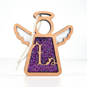 Front view of a glittery purple letter L monogram angel - an ideal personalized ornament for mom’s tree