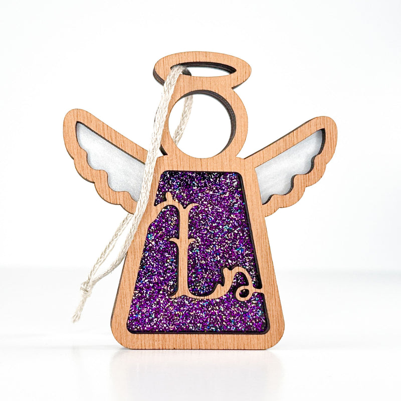 Front view of a glittery purple letter L monogram angel - an ideal personalized ornament for mom’s tree