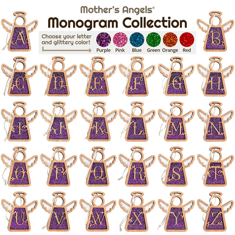 Handcrafted Mother’s Angels® Monogram Collection with a full alphabet set in glittery purple, perfect as personalized ornaments or monogram ornaments for Christmas. Reads: Mother's Angels Monogram Collection. Choose your letter and glittery color. Colors Available: Purple, Pink, Blue, Green, Orange, and Red.