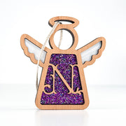 Front view of a handcrafted letter N monogram angel in purple glitter - perfect personalized Christmas ornament