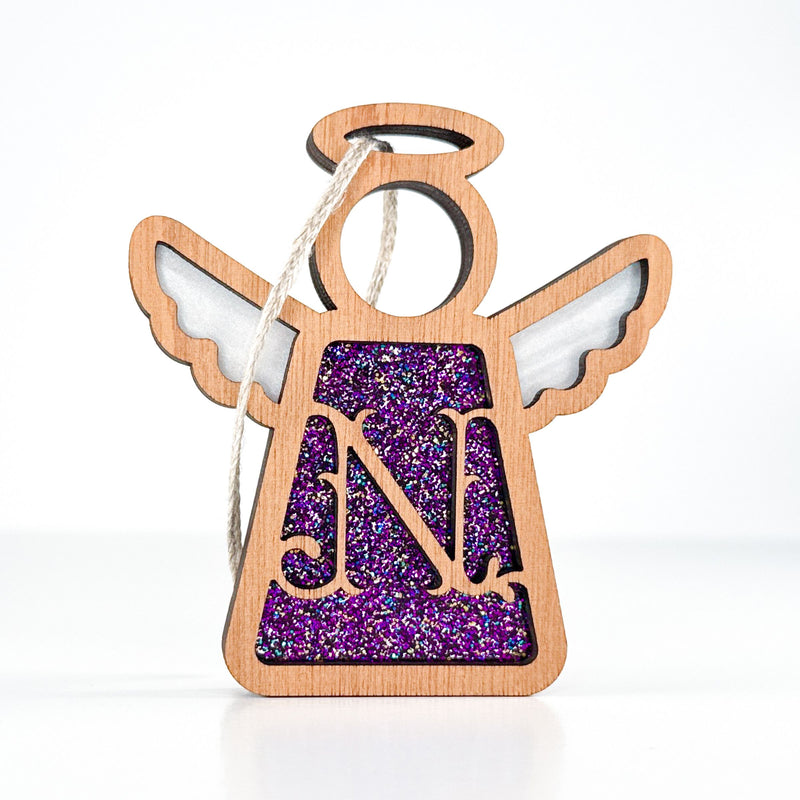 Front view of a handcrafted letter N monogram angel in purple glitter - perfect personalized Christmas ornament