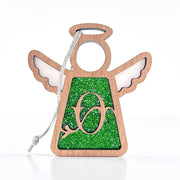 The Forged Flare® Personalized O Monogram Ornament features a 3.5" wooden angel figurine with a glittery green center, cut-out "O," and hanging string—a charming Mother's Angels® decoration.