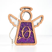Front view of a purple glitter letter O angel ornament - a custom monogram gift for mom’s holiday decor