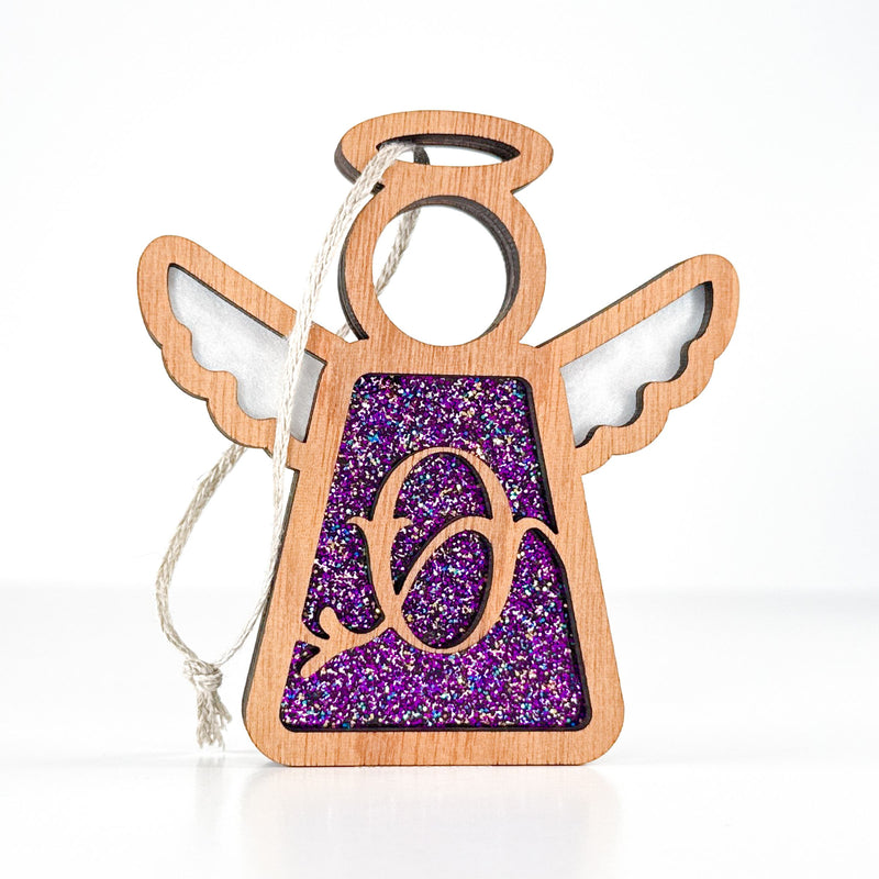 Front view of a purple glitter letter O angel ornament - a custom monogram gift for mom’s holiday decor