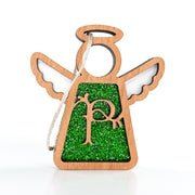 The Forged Flare® Mother's Angels® 3.5" Personalized P Monogram Ornament features a wooden angel with a green glittery center, white wings, brown "P," and a hanging loop.