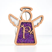 Front view of a glittery purple letter P monogram angel - an ideal personalized ornament for her tree