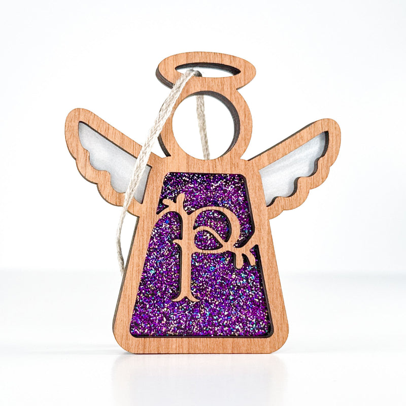 Front view of a glittery purple letter P monogram angel - an ideal personalized ornament for her tree