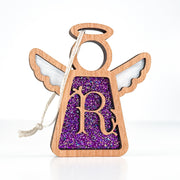 Front view of a handcrafted letter R monogram angel in purple sparkle - perfect personalized gift for mom