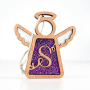 Front view of a purple sparkle letter S angel ornament - a custom monogram gift for her special moments