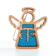 The Forged Flare® Personalized T Monogram Ornament is a 3.5" angel figurine from Mother's Angels®, featuring cutout wings, a halo, blue glittery center, decorative pattern, and hanging string. Photographed on a white background.