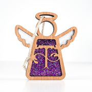 Front view of a glittery purple letter T monogram angel - an ideal personalized Christmas ornament for her