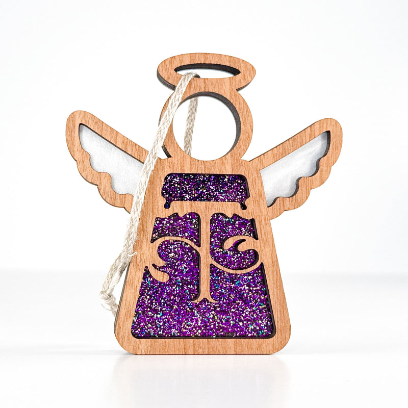 Front view of a glittery purple letter T monogram angel - an ideal personalized Christmas ornament for her