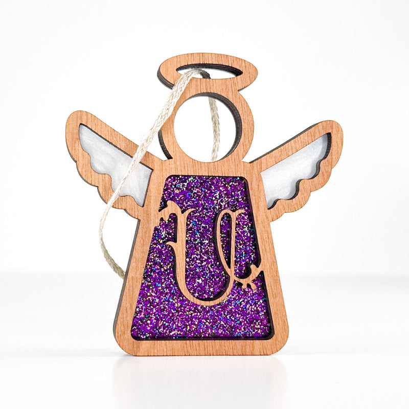 Front view of a purple glitter letter U angel ornament - a heartfelt monogram Christmas gift for loved ones