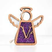Front view of a handcrafted letter V monogram angel in purple sparkle - perfect personalized gift for mom