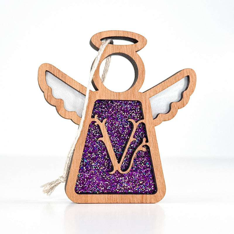Front view of a handcrafted letter V monogram angel in purple sparkle - perfect personalized gift for mom