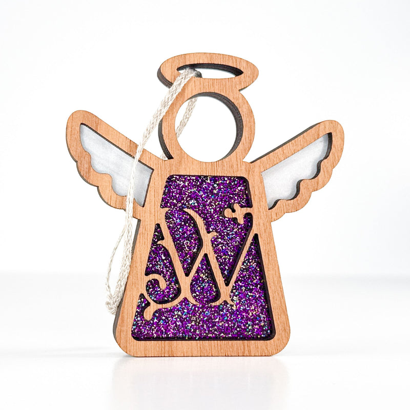 Front view of a purple glitter letter W angel ornament - a custom monogram gift for her holiday decor