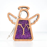 Front view of a purple sparkle letter Y angel ornament - a thoughtful monogram Christmas gift for her