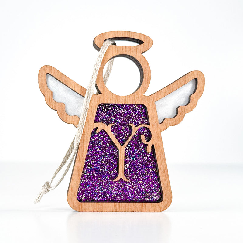 Front view of a purple sparkle letter Y angel ornament - a thoughtful monogram Christmas gift for her