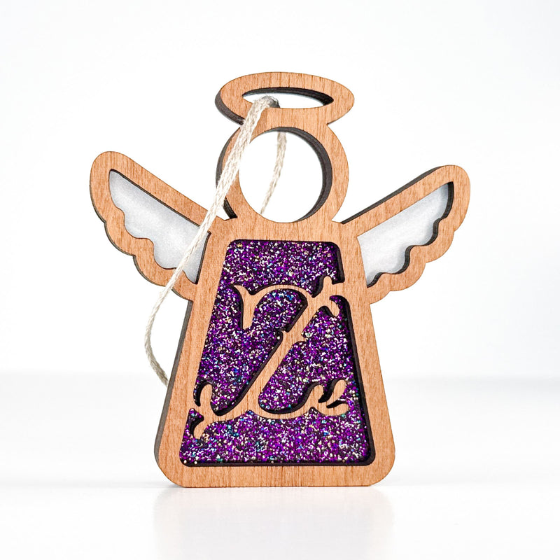 Front view of a handcrafted letter Z monogram angel in purple glitter - perfect personalized gift for mom