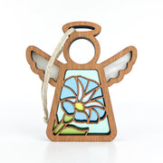 The Forged Flare® Morning Glory Ornament is a 3.5" wooden Mother's Angels® figurine with cutout wings, a stained-glass style blue morning glory center (September birth flower), and a twine loop for hanging.