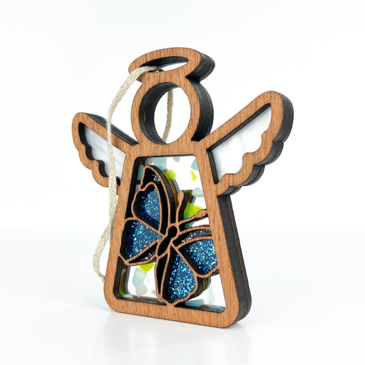 Showcase of Mother’s Angels® Ornament capturing blue butterflies spiritual meaning, perfect as butterfly party decorations or spring home decor.