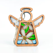 The Forged Flare® Orange Blossom Ornament is a 3.5" wooden angel figurine from Mother's Angels®, featuring stained glass-style floral and leaf designs with a twine loop for hanging as charming flower decor.
