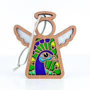 The Peacock Ornament | 3.5"(H) Angel Figurine from Forged Flare® features a colorful stained glass-style peacock design and a hanging string—ideal as a gift for bird lovers or a unique holiday décor piece. Part of the Mother's Angels® collection.