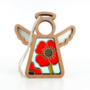 The Forged Flare® Mother's Angels® 3.5" Poppy Ornament is a wooden angel figurine with stained glass wings and a red poppy design, perfect for gifting or your Amazon finds. Includes hanging string; photographed on a white background.