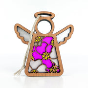 The Forged Flare® Primrose Ornament—Mother's Angels® 3.5" angel figurine—features a stained glass look with pink primrose (April birth flower) designs, a circular head, wings, halo, and a twine loop for hanging.