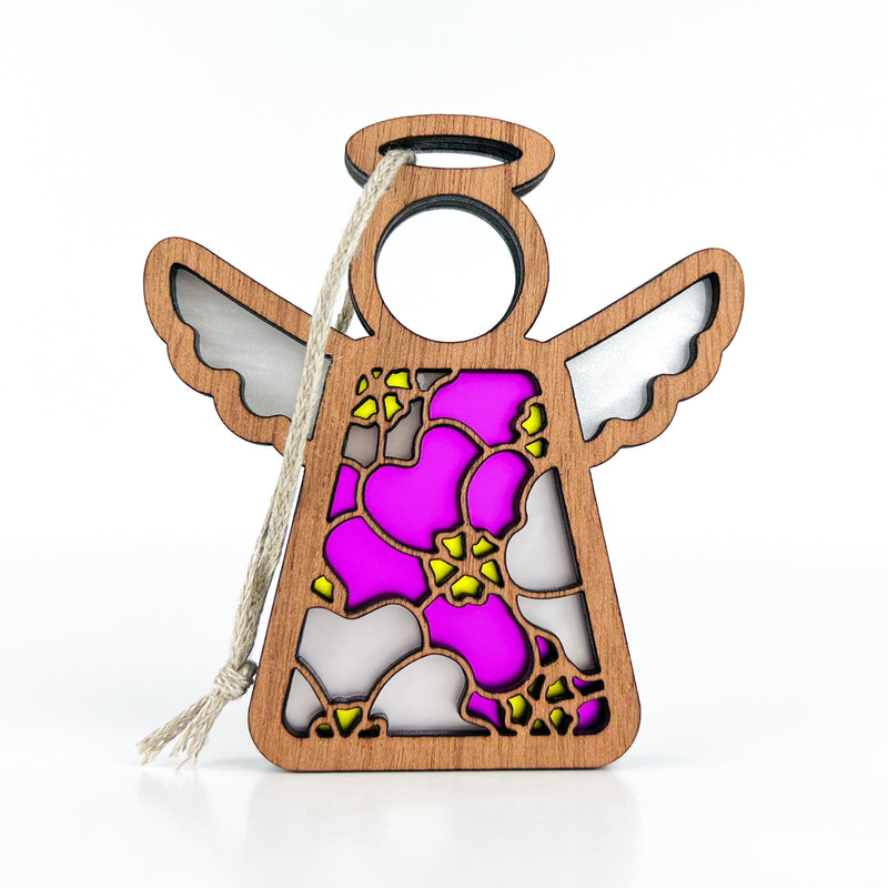 The Forged Flare® Primrose Ornament—Mother's Angels® 3.5" angel figurine—features a stained glass look with pink primrose (April birth flower) designs, a circular head, wings, halo, and a twine loop for hanging.