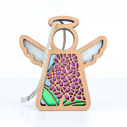 The Forged Flare® Mother's Angels® 3.5" Angel Figurine features purple lilac and green floral designs with cutout wings, a halo, and hanging loop—perfect as a charming Christmas tree ornament.