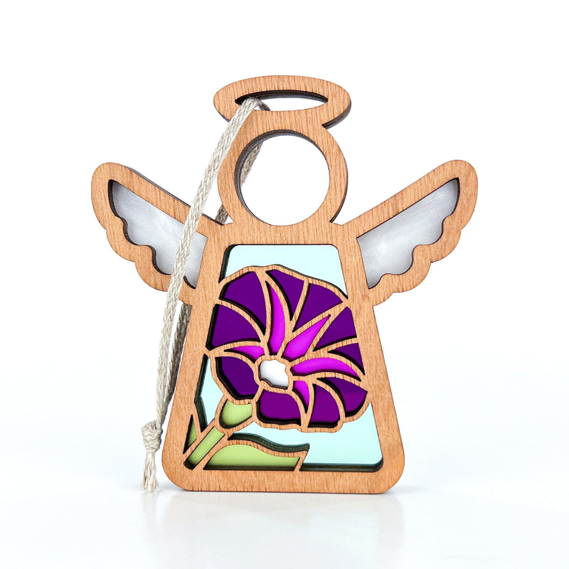 The Forged Flare® Purple Morning Glory Ornament is a 3.5" Mother's Angels® figurine with wings, a halo, stained glass-style morning glory design, and a hanging loop.
