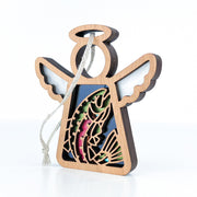 The Forged Flare® Mother’s Angels® 3.5" Rainbow Trout Fish Ornament is a wooden angel figurine featuring a colorful trout design, cut-out wings, and halo—perfect as a Christmas tree ornament.