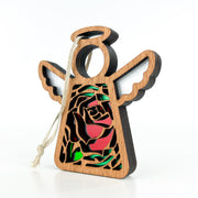 The Forged Flare® Mother's Angels® Red Rose Ornament with Imperfections is a 3.5" handcrafted wooden angel figurine featuring a red rose centerpiece, cutout detailing, and a string loop for hanging, displayed on a plain white background.