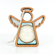 The Sand Dollar Ornament with Imperfections by Forged Flare® is a 3.5" handcrafted Mother's Angels® angel figurine, featuring transparent wings, a sand dollar center, and a twine loop for hanging. Displayed on a white background.