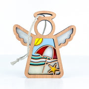 The Forged Flare® Summer Beach Ornament is a 3.5" stained-glass-style angel figurine by Mother's Angels® featuring waves, sun, umbrella, and starfish. Perfect for Christmas trees or beach house decor with a handy hanging string.
