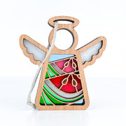 The Summer Watermelon Ornament by Forged Flare® is a 3.5" angel figurine from Mother's Angels®, featuring stained glass-style red, green, and blue accents, a hollow head, wings, and a white hanging string for easy display.