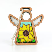The Warehouse Return - Sunflower Ornament by Forged Flare® is a 3.5" Mother’s Angels® wooden angel figurine with white wings, yellow sunflower petals, brown center, and a white hanging string, available in Amazon warehouse inventory.