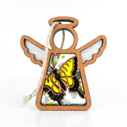 The Forged Flare® Mother's Angels® 3.5" Warehouse Return Swallowtail Butterfly Ornament features cut-out wings, a halo, and a vibrant yellow/black butterfly design with white hanging string. Plain white background. Ideal for Amazon marketplace.