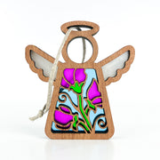 The Forged Flare® Sweet Pea Ornament is a 3.5" wooden Mother's Angels® figurine with wings, a halo, stained glass-style sweet pea flowers for June birthdays, and a looped string for easy hanging.