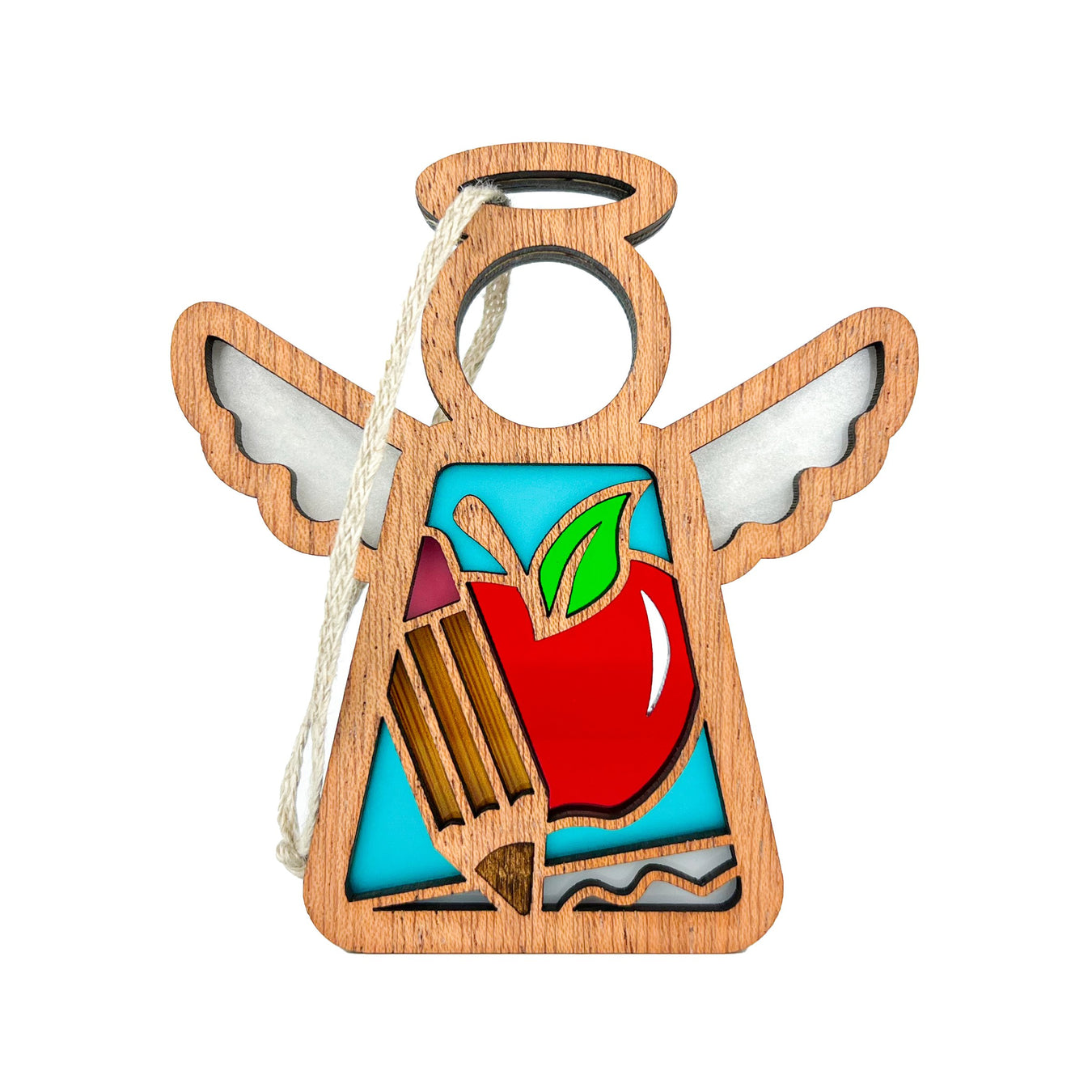 A Mother’s Angels® teacher ornament featuring a red apple, pencil and paper, ideal for an end of year teacher gift or a teacher Christmas present.