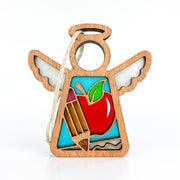 The Teacher Ornament with Imperfections by Forged Flare® is a 3.5" handcrafted Mother’s Angels® angel figurine with colorful apple and pencil inlays, symbolizing education—a charming teacher gift or collectible.