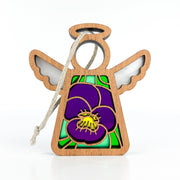 The Forged Flare® Violet Ornament is a 3.5" wooden Mother's Angels® figurine with silver wings, a halo, twine for hanging, and a stained-glass-style violet flower—perfect as a birth flower keepsake.