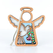 The Forged Flare® White Dove Ornament is a 3.5" tall Mother's Angels® figurine, featuring a wooden angel with wings, halo, and a dove cutout holding an olive branch and purple heart. Hangs by white string—ideal for bird lovers or memorial gifts.
