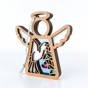Forged Flare® Mother's Angels® White Dove Ornament, a 3.5" wooden angel figurine with green leaves and pink heart in stained-glass style—thoughtful memorial or bird lover gift, comes with string loop for hanging.