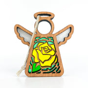 The Forged Flare® Yellow Rose Ornament is a 3.5" Mother's Angels® figurine with outstretched wings, green and white accents, a June birth flower at its center, and a light string for hanging.