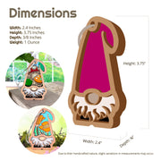 Illustration of the Forged Flare® Toadstool Mushroom Ornament by Nature's Gnomes™—a 3.75" tall garden gnome gift with pink hat and white beard, measuring 2.4" wide, 3/8" deep, and weighing 1 oz, plus images of decorated garden gnomes.