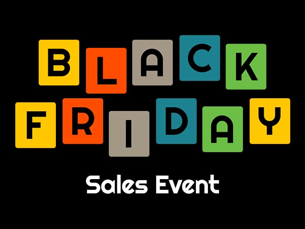 Colorful 'Black Friday' text on a black background with 'Sales Event' text below.