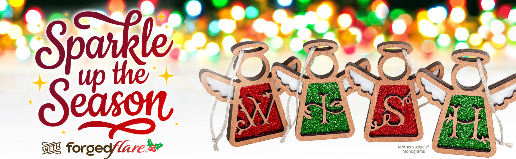 Decorative red and green angel ornaments with monogram letters against a festive background. Text reads Sparkle up the Season and Mother's Angels Monograms.